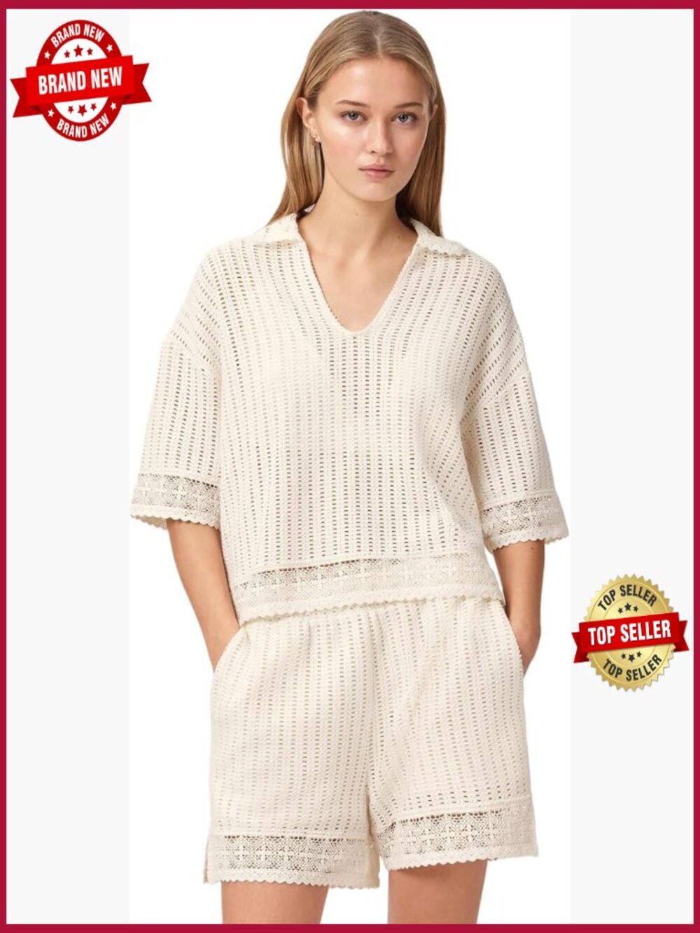 Crochet V-Neck Top, Premium Polyester Cotton Blend, Regular Fit, Short Sleeve,